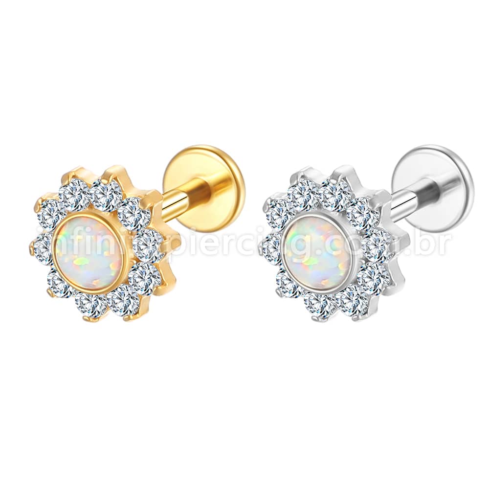 Piercing Labret Aço Cirúrgico Flor Zircônia Cravejada